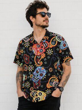 NWOT Ouku Men's 2XL Sugar Skull Day of the Dead Colorful Camp Short Sleeve Shirt